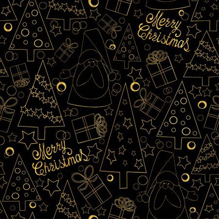 Christmas trees, Santa Claus, gifts in the form of gold contours on a dark background. New Year pattern. Lettering Merry Christmas. Seamless pattern.のイラスト素材