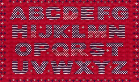 Knitted english alphabet. White-blue letters with a patterned frame.のイラスト素材