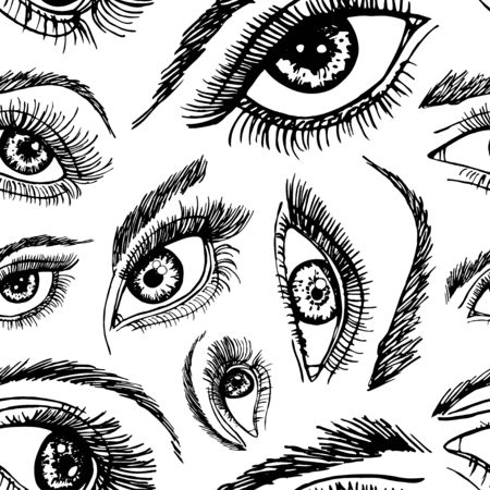 Sketch drawing female eyes and eyebrows. Seamless pattern. Beautiful female eyes with long restresses. Set. Suitable for decoration textiles and paper. Fashion print.のイラスト素材