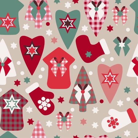 Winter pattern of Christmas toys, mittens, sock and boots. Christmas trees, heart toys, houses, snowflakes on a beige background. Seamless pattern. Background suitable for packaging, fabric, paper.のイラスト素材