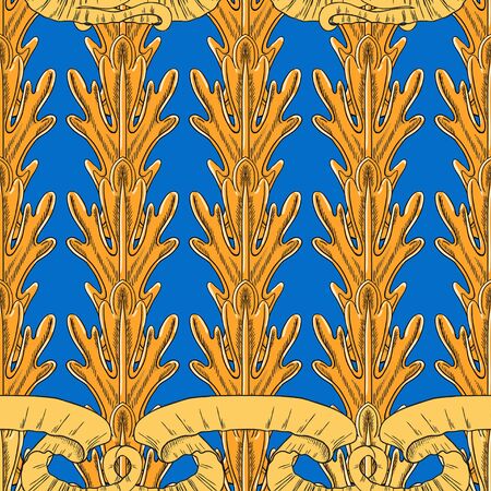 Fantasy vertical leaves of the plant and developing ribbons in the Baroque style. Separate yellow and orange elements on a blue background.のイラスト素材