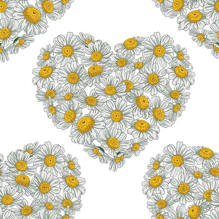 Seamless pattern of floral hearts. Bouquet of daisies in the form of a heart on a white background. Vector pattern.のイラスト素材