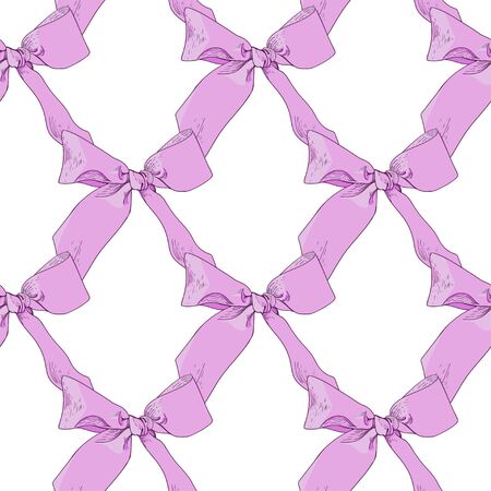 Pink silk bows tied from ribbons on a white background. Repeating pattern of individual parts. Seamless pattern for different surfaces.のイラスト素材