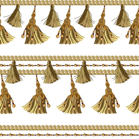 Border from beads, brushes from threads on a gold braid in an oriental style. Pattern on a white background. Seamless pattern for different surfaces.のイラスト素材