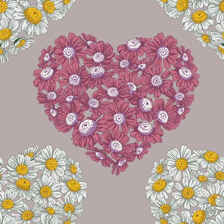 Red and white hearts from flowers of camomiles and daisies. Isolated floral bouquets on a cacao color background. Seamless pattern.のイラスト素材