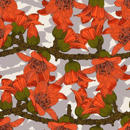 Seamless pattern of flowering branches of Ceiba trees. Tree branches with big red flowers on a beige background.のイラスト素材