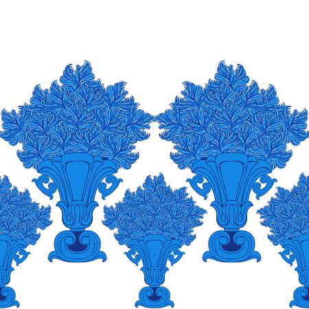 Border with blue vintage vases and abstract flowers on a white background in the baroque style. Seamless vector pattern.のイラスト素材