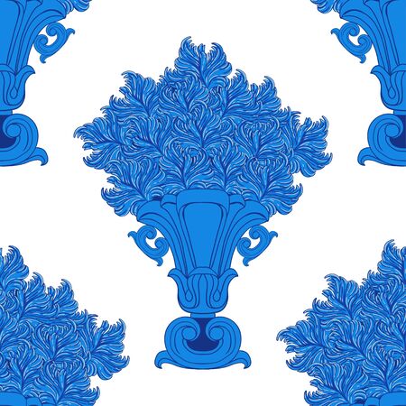 Pattern with vintage vases with abstract flowers. Individual elements in blue tones are staggered on a white background. Seamless pattern.のイラスト素材