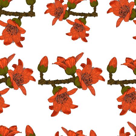 Flowering branch of the ceiba tree. Bright red-orange flowers on a white background. Seamless pattern.のイラスト素材