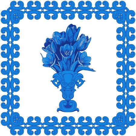 Scarf with a picture of a separate vase with flowers in a frame. Tulips in blue and white in the baroque style. The pattern is suitable for scarf, ceramic tiles, print.のイラスト素材
