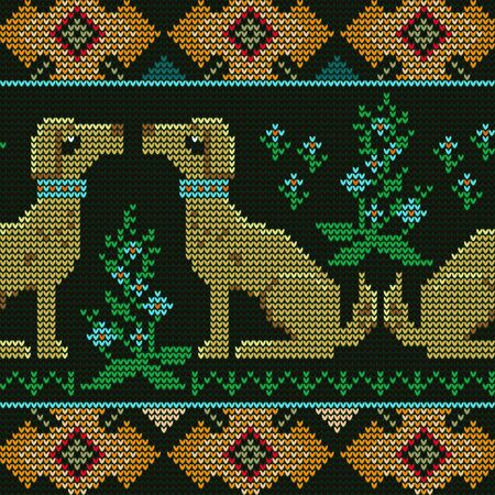 Image of red dogs in blue collars. Above and below the border of the ornament. Summer seamless...