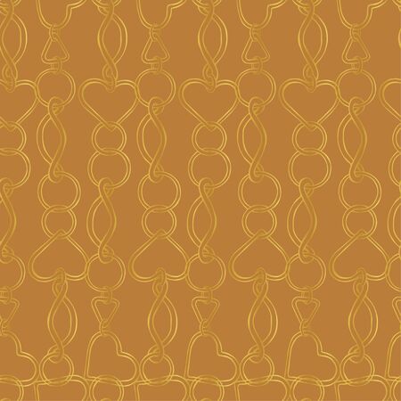 Beautiful metal vertical chains. Chain links in the form of hearts and circles on a golden brown...