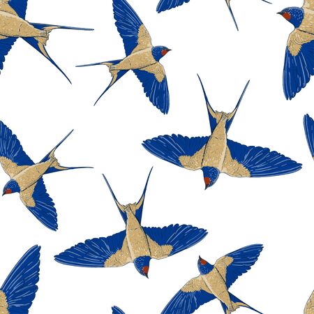 Image of flying swallows on a white background. Single birds in blue-beige plumage. Symbol of spring and peace. Seamless vector pattern for different surfaces.のイラスト素材