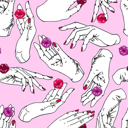 Drawing beautiful female hands with manicure and kisses. Separate white and red details on a white background. Seamless vector pattern.のイラスト素材