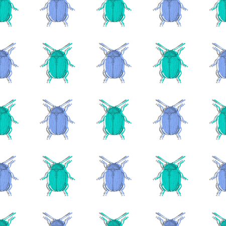 Small beetles are turquoise blue. Isolated cute insects in blue-green tones on a white background. Seamless vector pattern.のイラスト素材