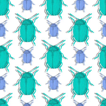 Small and large turquoise blue beetles. Individual insects staggered. Seamless pattern.のイラスト素材