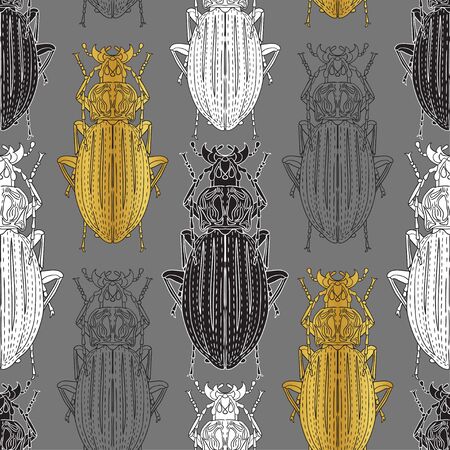 Long golden, black, gray and white beetles on a gray background. Seamless vector pattern.のイラスト素材