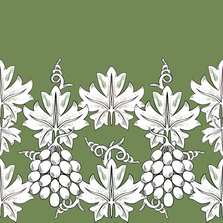 A border of white clusters and leaves of grapes on a green background. Seamless pattern in vintage style.のイラスト素材