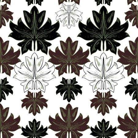 Pattern of plant leaves in vintage style. Brown, white and black elements on a white background. Seamless pattern.のイラスト素材