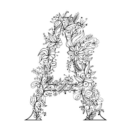 Black and white monogram drawing of the letter A decorated with abstract flowers. Vector image.のイラスト素材
