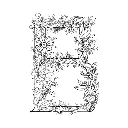 Monogram drawing of the letter B decorated with abstract flowers. Black and white vector image.のイラスト素材