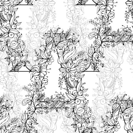 Monogram seamless pattern with letter A decorated with flowers. Black and gray pattern on a white background.のイラスト素材