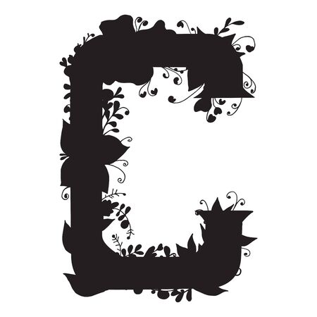 Letter C in the form of a black silhouette. Font in flowers on a white background. Vector illustration.のイラスト素材