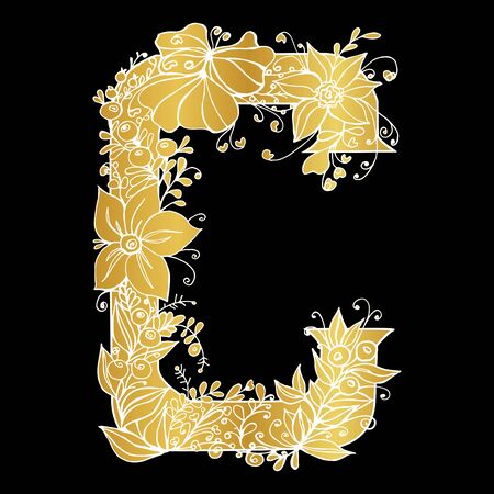 Golden letter C decorated with flowers on a black background. Separate vector image for decorating textiles and paper.のイラスト素材