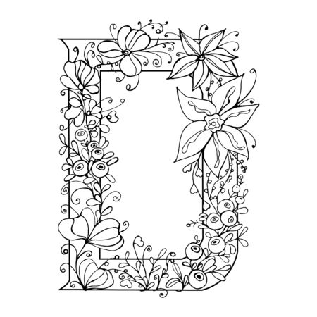 Letter D in a floral pattern. Image drawn by a liner on a white background. Vector pattern.のイラスト素材