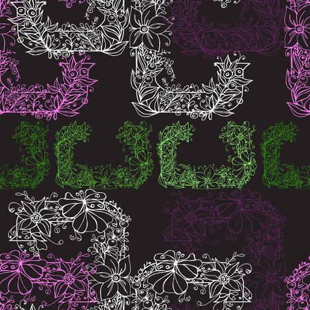 Letter C ornament decorated with different flowers and berries. Separate pink, green and white elements on a black background. Seamless vector pattern.のイラスト素材