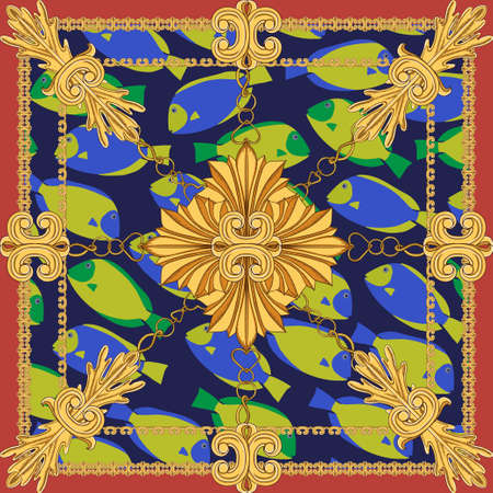Scarf with a pattern of fish and jewelry. Isolated blue-green marine animals on a dark background in a frame. Seamless pattern.の写真素材