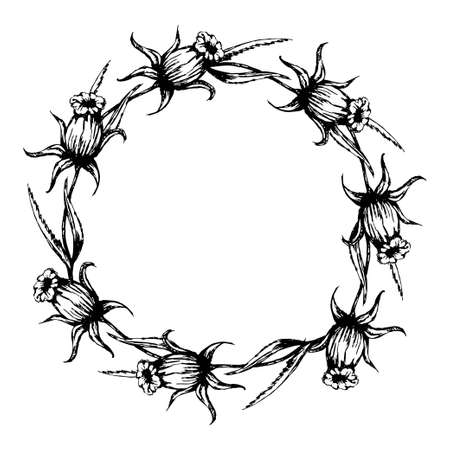 Black and white drawing of a floral wreath. Botanical illustration suitable for posters and postcards.のイラスト素材