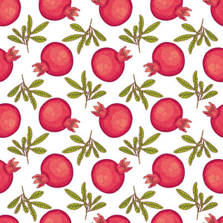 Red pomegranate fruits with green sprigs on a white background. Seamless vector pattern.のイラスト素材
