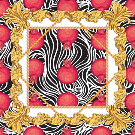 Shawl with the image of red fruits in a gold vintage frame. Ripe pomegranate fruits on an abstract black and white background. Seamless vector pattern.のイラスト素材