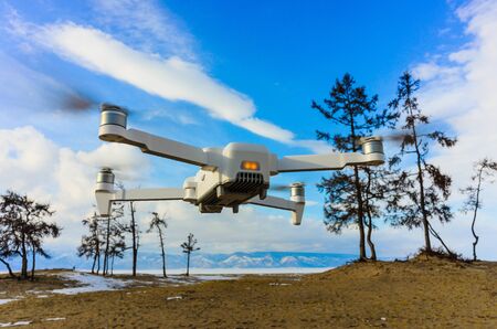 drone in flight on nature over Baikal