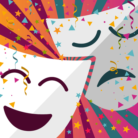 Carnival masks With confetti stars and streamers on colored backgroundのイラスト素材