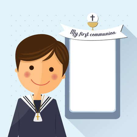 First communion child foreground on blue square backgroundのイラスト素材