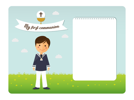 First communion child invitation on blue sky backgroundのイラスト素材