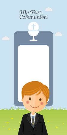 Child costume in her first communion dress vertical invitation with message on blue backgroundのイラスト素材