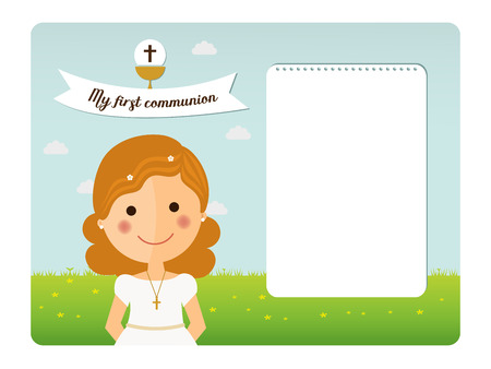 My first communion invitation with foreground girl and notes spaceのイラスト素材