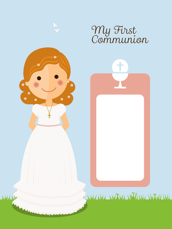 My first communion invitation with message and curly hair girl and blue backgroundのイラスト素材