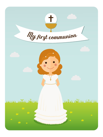 My first communion reminder with curly hair girl and blue sky backgroundのイラスト素材