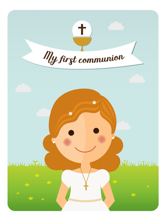 My first communion reminder with foreground girl and blue sky backgroundのイラスト素材