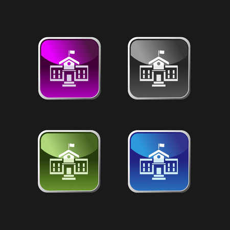 School building icon on square colored buttonsのイラスト素材