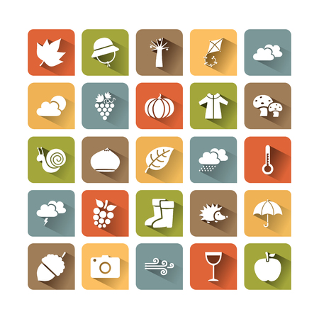 Autumn icon set on colored squares with shade.のイラスト素材