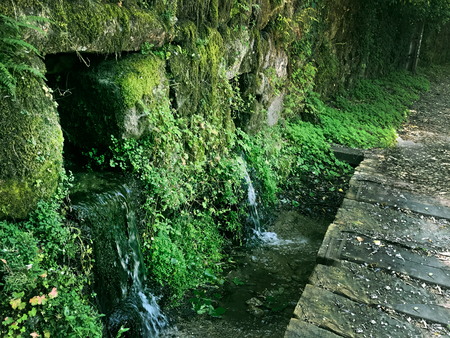 Beautiful green landscape in Spain. Natural fountain between mountains and a lot of vegetationの写真素材