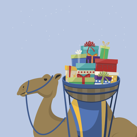 Happy epiphany day. Camel transporting gifts. Vector illustrationのイラスト素材