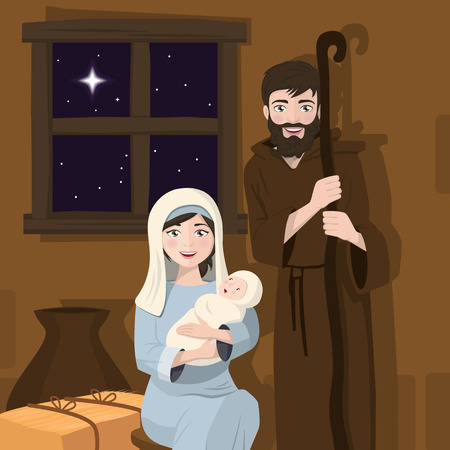 Holy family foreground. Christmas nativity scene. Birth of Christ. Vector illustrationのイラスト素材