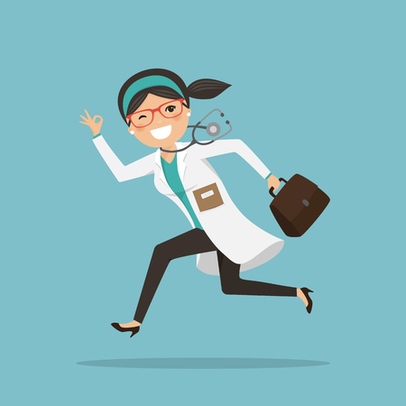 Emergency woman doctor running to help with stethoscope showing ok gesture. Vector illustrationのイラスト素材