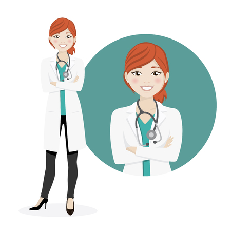 Redhead woman doctor on a white background. Vector illustrationのイラスト素材